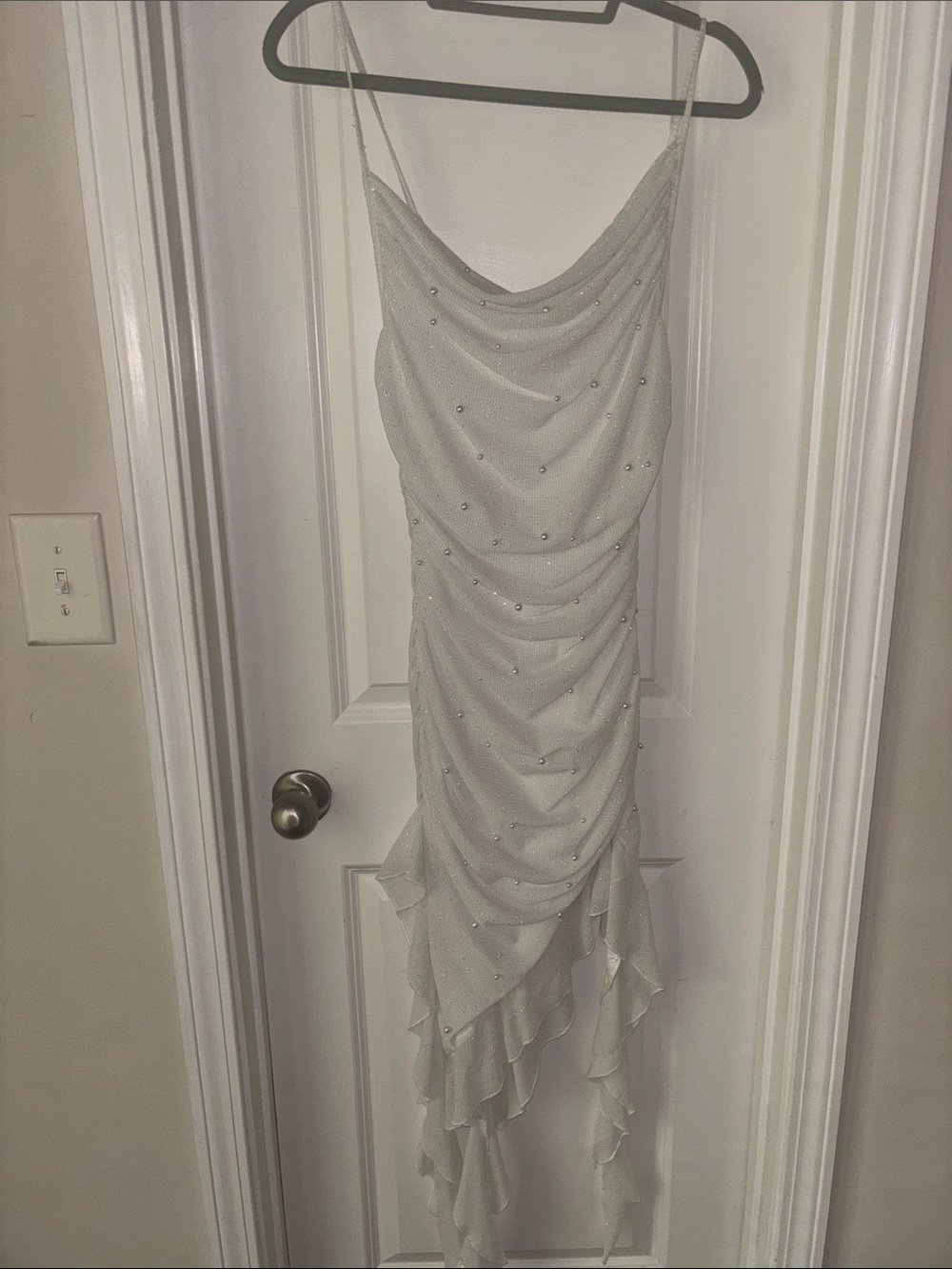 SHEIN White Crystal-Studded Draped Ruffle Midi Slip Dress